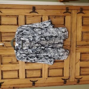 Christopher & Banks Black White Flowy Blouse Newspaper Print Cardigan Sheer Med.